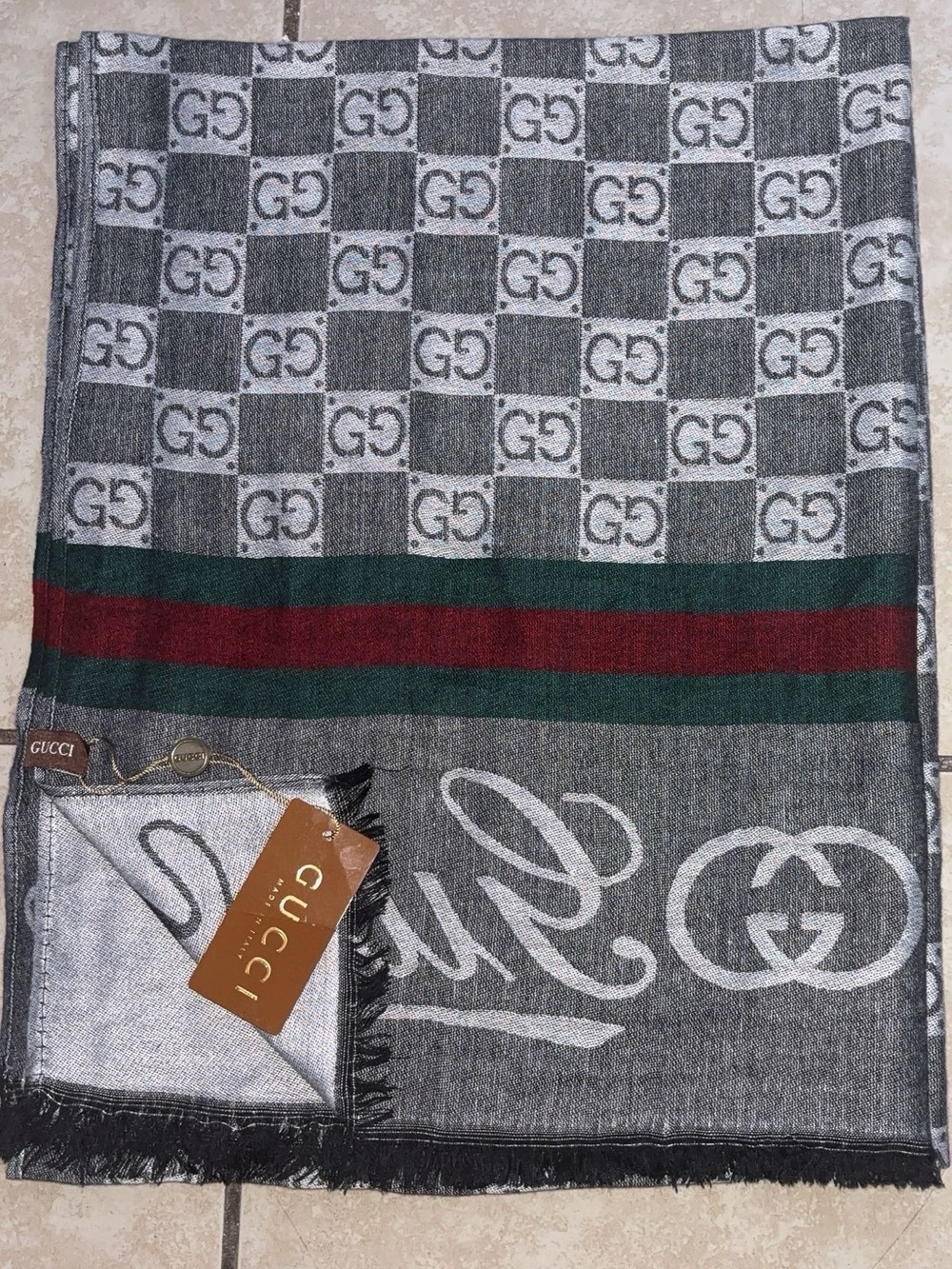 Gucci GG Monogram Web Stripe Scarf Gray Green Red Made in Italy